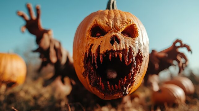 A frightful pumpkin with a gnarled face and sharp teeth lurks in a field, symbolizing the eerie spirit of Halloween, as it stands among its fellow pumpkins under a bright blue sky.