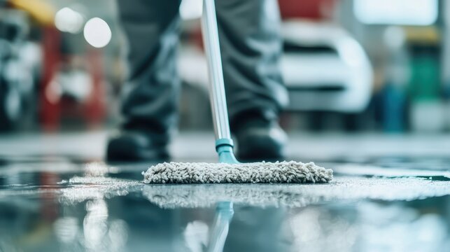 A worker mops a shiny floor in a modern facility, showcasing the importance of cleanliness and maintenance in work environments, emphasizing dedication and professionalism.