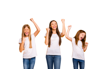 Photo of three different age ladies celebrating best win wear casual white t-shirts isolated yellow background
