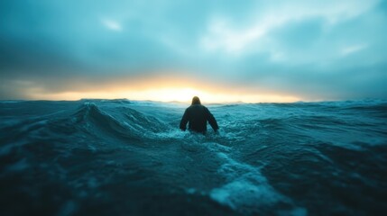 Fototapeta premium A solitary figure wades through turbulent ocean waves, illuminated by the golden hues of a setting sun, evoking themes of struggle, reflection, and resilience against nature.