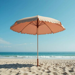 Close-up of a colorful beach umbrella against a clear blue sky, evoking a sunny.