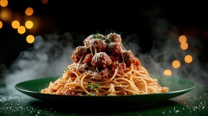 A tantalizing plate of spaghetti topped with juicy meatballs, garnished with herbs and parmesan, ideal for culinary indulgence and Italian cuisine lovers.
