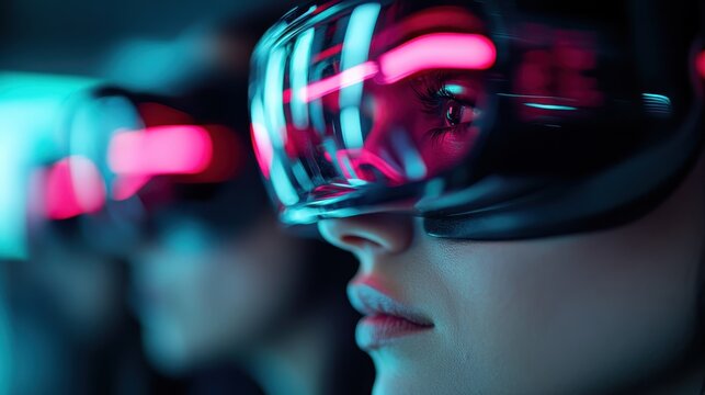 This dynamic scene captures individuals wearing high-tech virtual reality goggles, immersed in a vibrant digital world filled with glowing neon lights, representing the future of technology. - Powered by Adobe