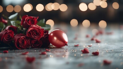 A charming display of red roses alongside a red balloon and heart-shaped confetti, oozing romance and joy, ideal for celebrations or special moments.