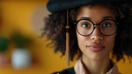 A proud graduate wearing a cap and gown, exuding determination and achievement, captured with a warm background reflecting the joy of graduation day.