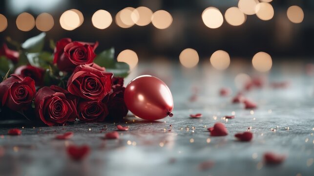 A charming display of red roses alongside a red balloon and heart-shaped confetti, oozing romance and joy, ideal for celebrations or special moments.