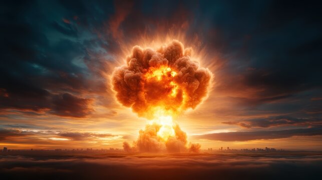 An intense image showcasing a massive explosion with a fiery mushroom cloud against a dramatic sky, symbolizing themes of destruction and urgency in a powerful manner.
