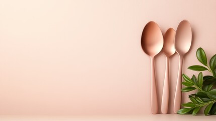 Three stylish rose gold spoons are elegantly displayed against a soft pastel background, showcasing simple modernity and aesthetic appeal perfect for kitchen themed décor or articles.
