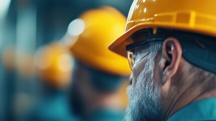 A dedicated worker in a safety helmet and protective glasses is shown in a focused close-up as he works diligently, emphasizing safety and professionalism on a construction site.