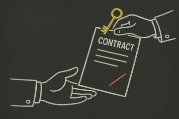 Hands exchanging contract with key, symbolizing agreement and trust in business transactions. This captures essence of partnership and commitment