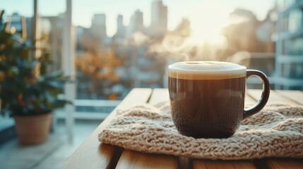 A steaming cup of coffee rests on a cozy knitted blanket with a soft focus of a city skyline during sunrise, bringing a serene morning vibe and a sense of comfort.