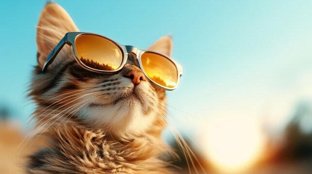 A stylish cat wearing trendy sunglasses enjoys the sunshine, demonstrating a carefree attitude and playful personality in a picturesque outdoor environment, epitomizing feline charm.