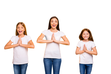 Photo of three ladies holding hands together want some help wear casual white t-shirts isolated yellow background