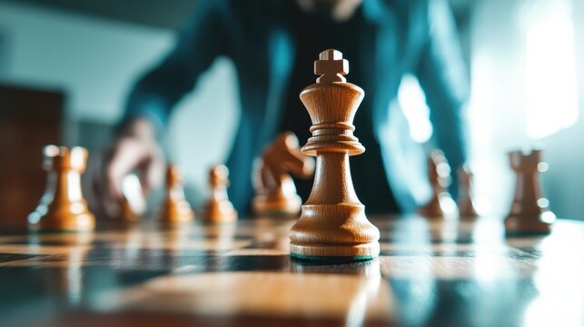 An intense close-up shot of a wooden chessboard, highlighting the king piece in focus, representing strategy, competition, and intellect within a sophisticated game setting.