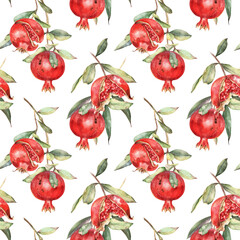 Red pomegranate fruit, green foliage. Watercolor illustration, hand drawn. Seamless pattern on white background. For Rosh Hashanah  decor, textile, wallpaper, stationary.