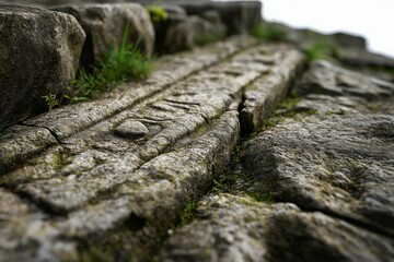 Ancient Stone Carvings with Moss and Grass