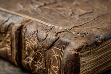 Close-up of an antique leather-bound book with intricate detailing.