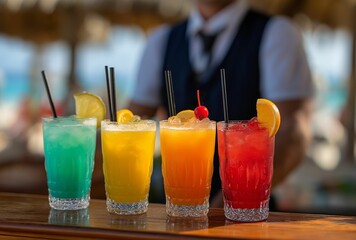 Vibrant tropical cocktails at a beach bar.