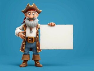 Cartoon pirate with blank sign on blue background.