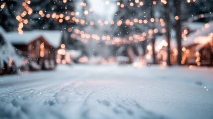 A picturesque winter scene captures softly falling snowflakes and warm glowing lights, evoking the cozy and festive spirit of the holiday season.