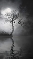 Obraz premium Misty night, lone tree, tranquil lake, moonlit scene, evokes serenity