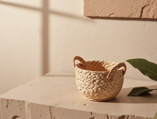 Fototapeta premium Handwoven natural straw basket on wooden surface for rustic home decor