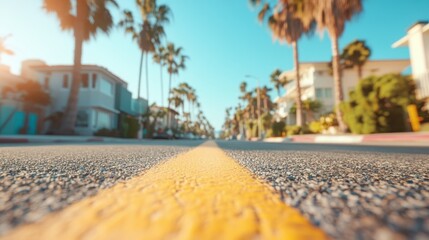 A vibrant street view featuring palm trees and colorful homes, exemplifying the charm of coastal living and the warmth of sunny days.