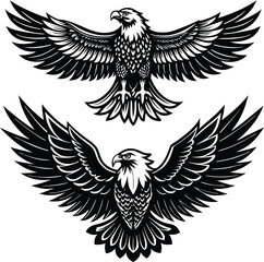 Two majestic black and white eagle designs with wings spread wide