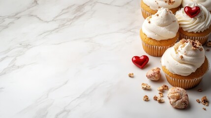 A tempting display of beautifully decorated cupcakes, featuring creamy toppings and charming heart-shaped accents, perfect for celebrating love and special occasions.