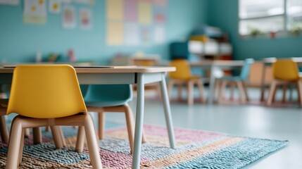 A warm and inviting classroom brimming with colorful furniture and playful decor, designed to inspire creativity and learning in students of all ages, creating a friendly atmosphere.