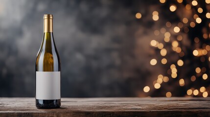 An elegant wine bottle with a blank label stands majestically on a rustic wooden table, evoking a sense of sophistication and warmth, ideal for gatherings and celebrations.