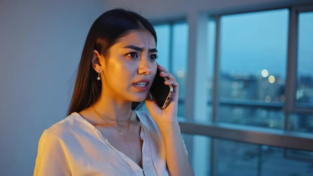 an asian woman having a phone call with an expression that appears concerned or serious, she is engaged in an important or troubling conversation
