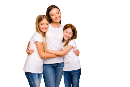 Two small ladies hugging young and beautiful babysitter wear casual white t-shirts isolated yellow background