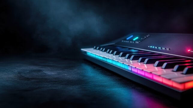 A modern keyboard with vibrant illuminated keys sits against a dark backdrop, representing the fusion of technology and creativity in music production and performance.