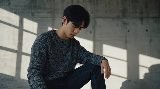 a man with dark hair, wearing a textured grey sweater and dark jeans, seated with his head bowed and eyes looking downwards. a feeling of sadness or being downcast.