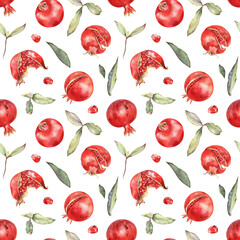 Watercolor seamless pattern. Ripe pomegranates, bright leaves, seeds. Tropical floral ornament, botanical print. Hand painted garnet illustration for wallpaper, gift wrapping, tablecloth, cards.
