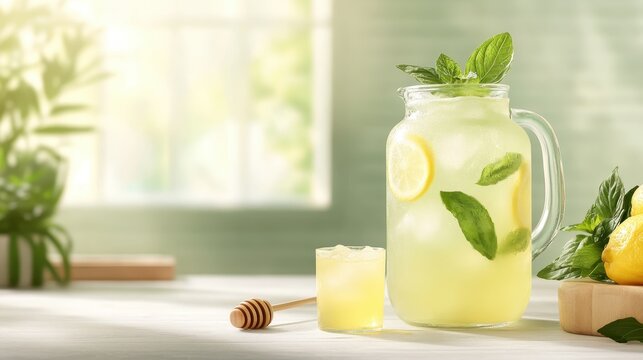 A vibrant pitcher of lemonade infused with mint and honey, accompanied by a glass filled with ice. This image captures the essence of refreshment and summer vibes perfectly.