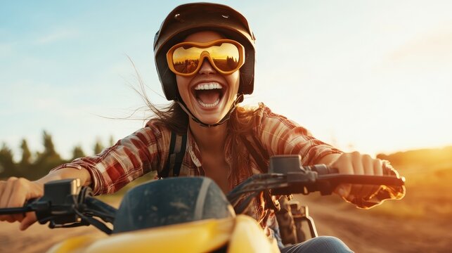 A joyful woman on an ATV, wearing protective gear and sunglasses, racing through a scenic outdoor trail during sunset, embodying the thrill and excitement of adventure.