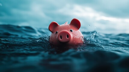 A whimsical pink piggy bank floats majestically on ocean waters under a cloudy sky, symbolizing the adventurous spirit of saving and the balance of dreams and reality.