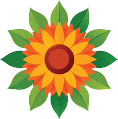 Vibrant sunflower with lush green leaves illustration