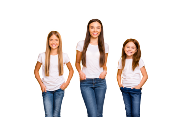 Photo of charming ladies holding hands in pockets wear casual clothes isolated yellow background