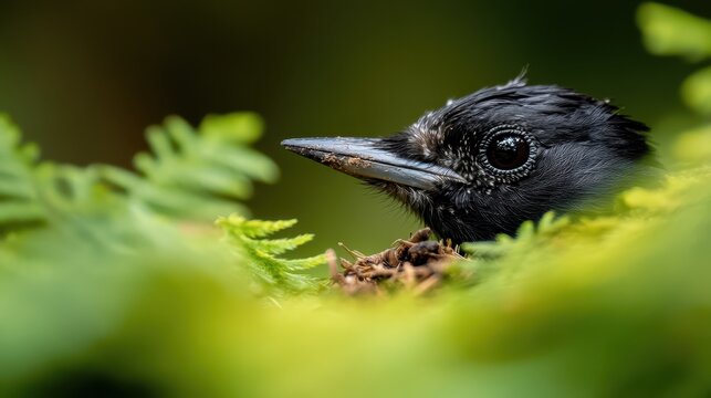 A close-up of a blackbird chick peeking from a nest surrounded by lush green ferns, showcasing the beauty of wildlife and parenting in nature's serene environment.