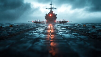 An imposing navy vessel looms in a turbulent sea, surrounded by ominous clouds, creating a dramatic contrast of military power against nature’s fierce elements.