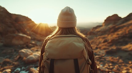 A lone traveler with a backpack gazes at a picturesque sunrise surrounded by rocky landscapes, embodying the essence of freedom, exploration, and the beauty of nature.