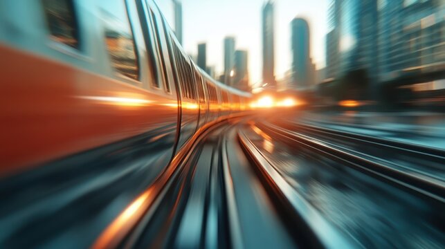 A blurred image of a train speeding through an urban landscape during sunset captures the dynamic energy of city life and the transient moments of daily commutes and adventures.