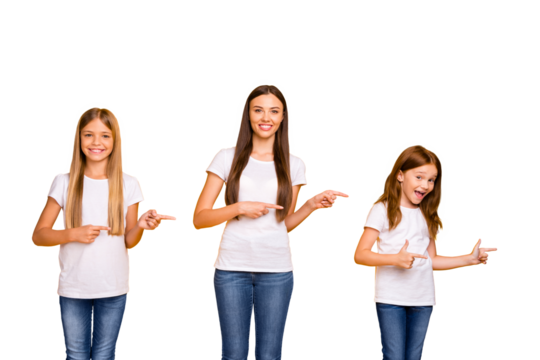 Photo of charming ladies indicating fingers to empty space wear casual clothes isolated yellow background