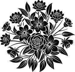 Black and white floral bouquet illustration a bold silhouette of various flowers and leaves