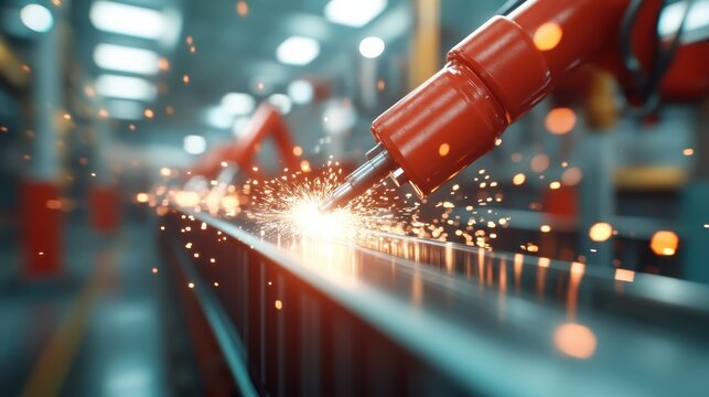 A close-up view of a robotic welding arm emitting sparks, highlighting advanced automation in a vibrant factory setting focused on efficiency and precision in manufacturing processes.