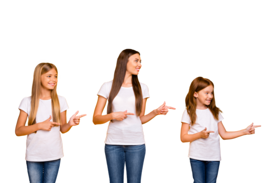 Photo of charming ladies indicating fingers side empty space wear casual clothes isolated yellow background