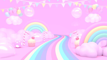 3D render dreamy rainbow candy land.